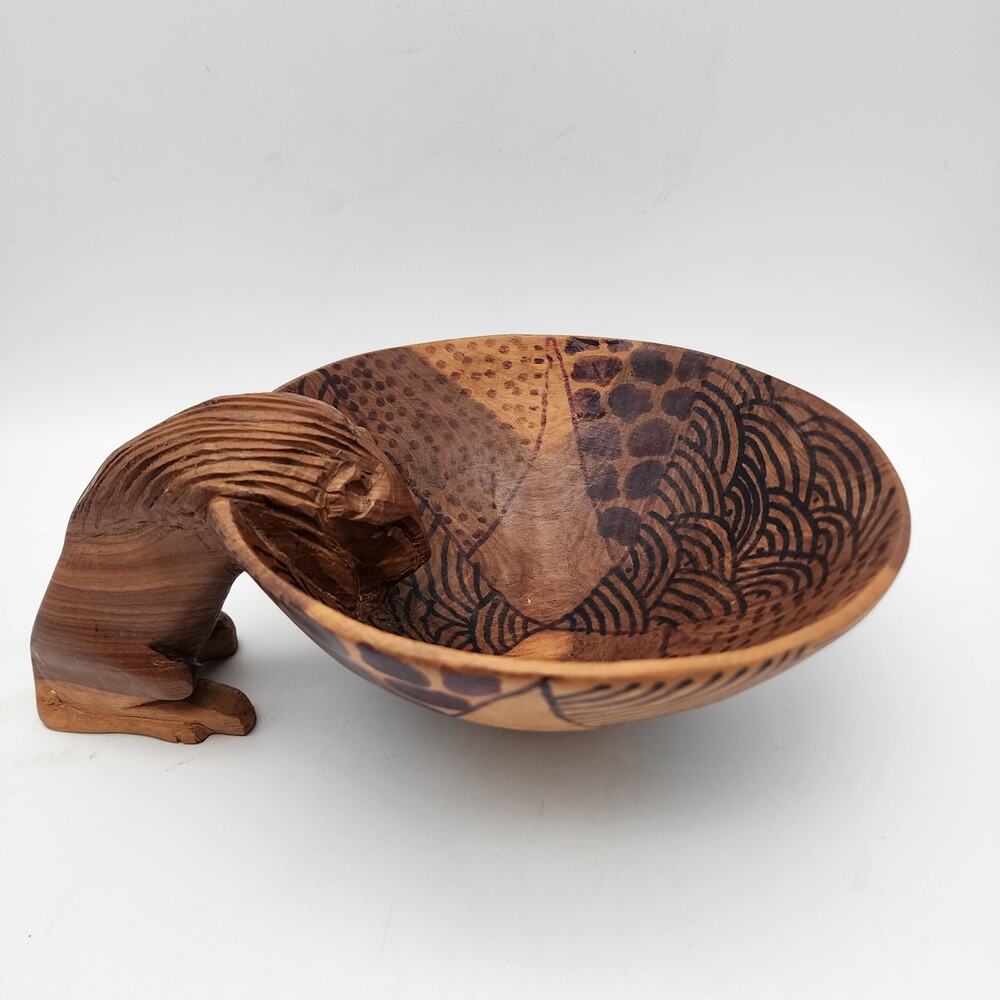 African Hand Carved Wooden Bowl Lion Drinking Handle Trinket Dish Kenya Vintage
